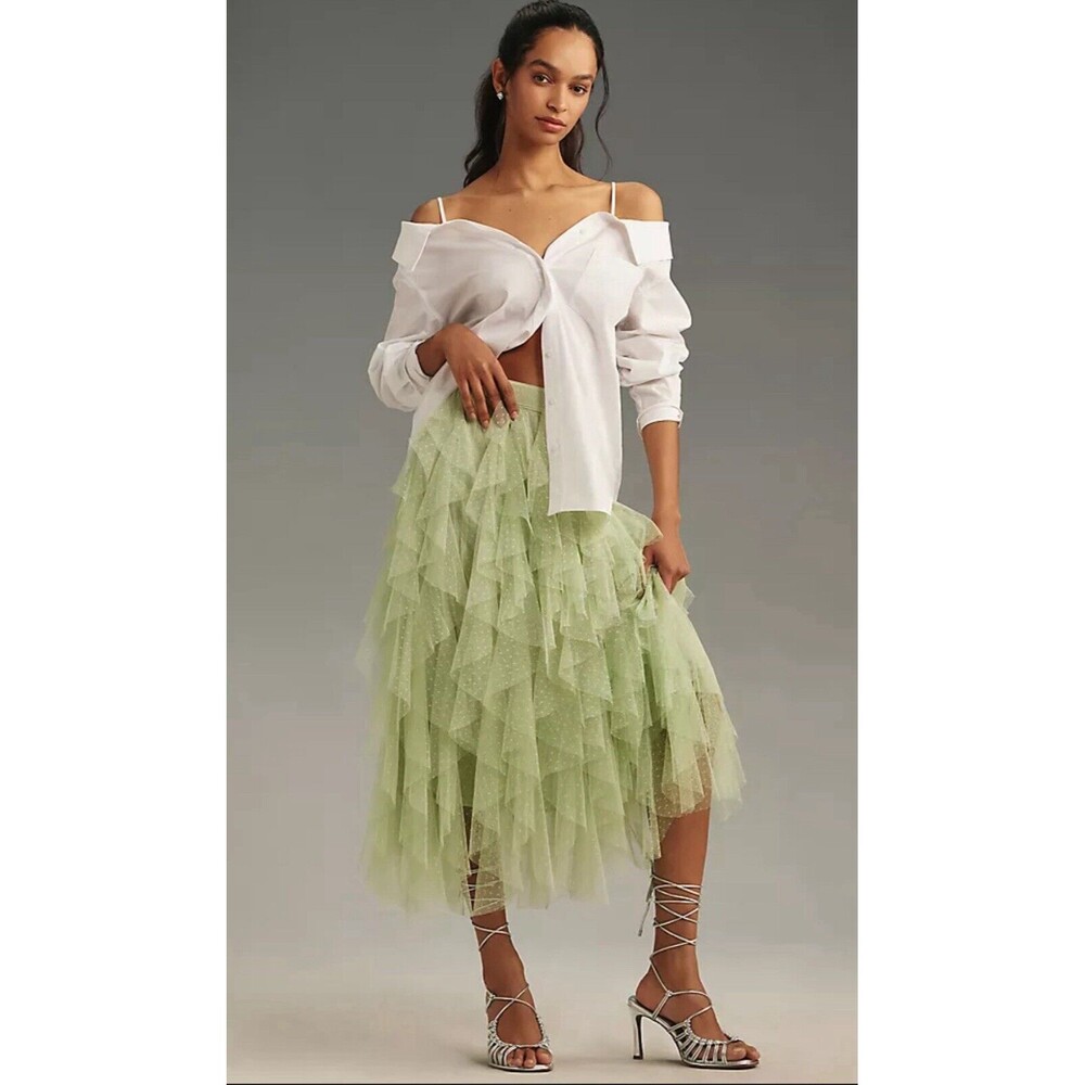 Anthropologie Midi Skirt Mint Cheri Ruffle Tulle Elastic Waist Preppy Sz XXS NWT